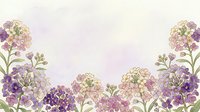 Watercolor floral border with purple and pink hydrangea blooms on soft lavender background for wedding invitations and romantic design projects.