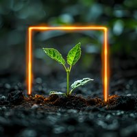 Young green plant seedling growing through soil with glowing neon orange square frame around it, representing growth, innovation and sustainability in nature.