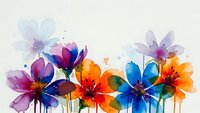 Watercolor flowers in vibrant colors with paint drips on white background. Abstract floral art for spring decor, greeting cards and creative projects.