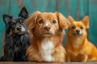Three adorable small dogs - black and tan, ginger brown, and red - posing together against turquoise wooden background. Close up portrait of mixed breed puppies.