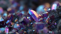Iridescent purple and blue crystal formation with vibrant rainbow reflections on mineral surface, showcasing natural geological structures in macro photography.