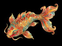Ornate koi fish with golden red teal patterns, isolated on transparent background, ready for t-shirt design, stickers, sublimation, and print on demand use.