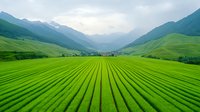 Vibrant green agricultural rows stretch across valley floor with majestic mountain peaks and forest-covered slopes creating dramatic landscape composition in morning light.