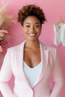 Young woman with natural curly hair wearing pink blazer and white top against pink background with decorative elements for fashion or business content.