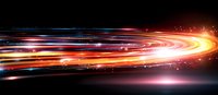 Dynamic light trails create glowing spiral motion effect with red, blue and orange streaks against dark background, sparkling particles add magical atmosphere.