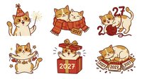 Cute ginger cats celebrating New Year 2027 with party hats, sparklers, gifts, and festive decorations. Isolated clipart set ready for greeting cards, invitations, and holiday designs.