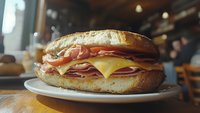 Fresh deli sandwich with layers of ham, melted cheese, and tomatoes on toasted artisan bread, served on white plate in casual restaurant setting.