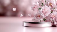 Pink cherry blossom flowers with falling petals beside elegant metallic podium platform for product display and spring marketing campaigns.