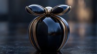Elegant black perfume bottle with gold bow design on dark reflective surface, luxury fragrance packaging for cosmetic advertising.