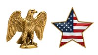 Patriotic golden eagle and star with flag pattern isolated on white background, ready for design projects, merchandise, and branding applications.
