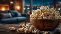 Wooden bowl filled with fresh popcorn on rustic table with cozy living room background featuring warm lighting and comfortable seating for movie night.