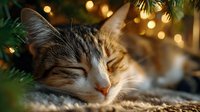 Adorable tabby kitten sleeping peacefully under Christmas tree with warm golden lights creating cozy holiday atmosphere for seasonal greeting cards.