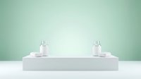Minimalist white podium with two glass cosmetic bottles on soft mint green background, perfect for skincare product display and beauty branding.
