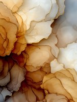 Abstract alcohol ink art with flowing organic shapes in warm amber, gold and cream tones creating elegant fluid patterns for modern interior design.