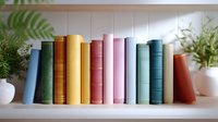 Colorful vintage hardcover books arranged on white shelf with decorative plants in vases, creating cozy home library atmosphere for reading and education background.