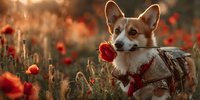 Welsh Corgi dog holding red poppy flower in mouth while sitting in blooming poppy field at golden sunset hour.