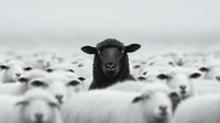 Black sheep standing out among white flock in snowy field. Concept for uniqueness, individuality, difference, and standing out from crowd.
