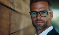 Mature Caucasian businessman with stylish glasses, gray hair, and well-groomed beard wearing black suit against blurred background, professional corporate portrait.