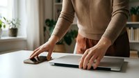 Professional woman in beige sweater working on laptop at modern home office desk with plants and natural lighting for remote work productivity.