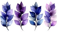 Watercolor botanical leaves in purple and blue tones isolated on white background for modern design projects and nature-themed artwork.