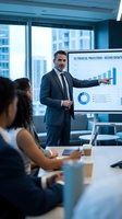 Professional businessman presenting financial growth charts to diverse team in modern office conference room with city view.