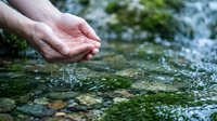 Cupped hands collecting fresh water droplets from natural mountain stream with moss-covered rocks and flowing water for environmental conservation concepts.