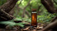 Amber glass bottle with cork stopper nestled among tree roots and ferns in lush forest setting, suggesting natural herbal remedy or essential oil.