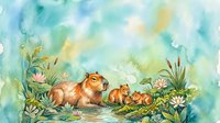 Watercolor capybara family resting by a tranquil pond with lotus flowers and lush greenery, soft pastel tones, nature wildlife art.