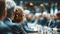 Professional woman with curly hair attending business conference or corporate meeting with blurred audience in background for presentations.