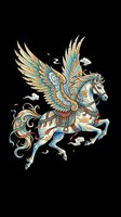 Ornate winged horse with decorative patterns in gold, teal, and orange, isolated on transparent background. Ready for t-shirts, stickers, clipart, and print-on-demand designs.