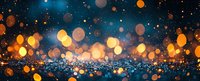Glowing golden bokeh lights against dark blue background with sparkles and blurred circles creating magical festive atmosphere and depth effect.