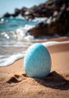 Speckled blue egg on sandy beach with ocean waves and rocky coastline in background, creating serene natural composition with soft bokeh effect.