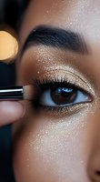 Close-up of brown eye with shimmering gold eyeshadow being applied with makeup brush, showing professional cosmetic application technique on dark skin tone.