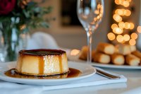 Creamy caramel flan dessert on white plate with wine glass and warm bokeh lights creating elegant dining atmosphere for holiday celebrations and fine dining.