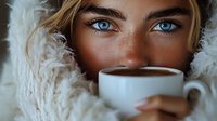 Close up portrait of young woman with bright blue eyes and freckles drinking hot beverage from white cup, wrapped in cozy white winter sweater.