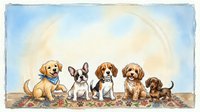 Five adorable puppies sitting together on a colorful rug in a soft watercolor style, with copy space above for text or design.