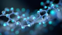 Glowing blue molecular structure with connected spherical nodes on dark background, illustrating scientific research and chemical bonds in modern laboratory.