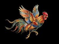 Ornate colorful rooster with spread wings, isolated on transparent background. Great for t-shirt design, stickers, print on demand, sublimation, and clipart.