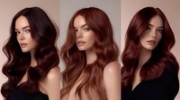 Young Caucasian women with luxurious wavy burgundy and copper hair tones showcase professional hair coloring and styling techniques in beauty salon environment.