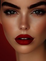 Close-up portrait featuring dramatic red lips, intense green eyes, and defined eyebrows against dark red background, showcasing professional beauty and makeup artistry.