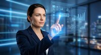 Professional businesswoman interacting with holographic data analytics interface in modern office environment for corporate technology presentations.