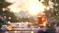 Glowing jar with magical lights on wooden table at sunset, surrounded by purple flowers and crystal stones, creating dreamy atmosphere for wellness design.