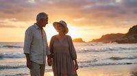 Senior couple walking hand in hand on beach at sunset, enjoying romantic moment together during golden hour vacation retreat for wellness and leisure.