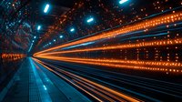 Long exposure shot of subway tunnel with glowing orange light trails and blue ceiling lights creating futuristic perspective along empty platform at night.