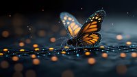 Magical monarch butterfly with orange wings resting on water surface with bokeh light effects and sparkles creating dreamy atmosphere at dusk.