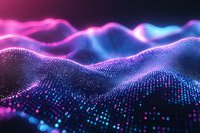 Abstract digital wave landscape with glowing particles in pink and blue neon colors creating flowing motion effect against dark background. Futuristic technology concept.
