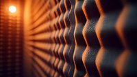 Acoustic foam panel with orange sunset lighting creating dramatic shadows and depth effect, sound absorption material in recording studio environment.