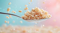 Floating puffed rice cereal on spoon against pastel pink and blue background with bokeh light effects, food photography with levitating grains.