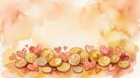 Watercolor golden coins and pink hearts scattered on warm peachy background for Valentine's Day financial love concept and romantic money themes.