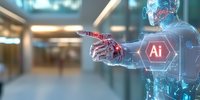 Futuristic holographic artificial intelligence figure pointing forward in modern office corridor with glowing AI symbol and digital elements.